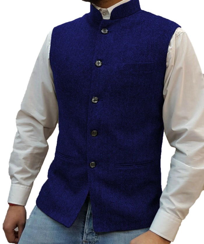 Men's Fashion Herringbone Wool Tweed Stand Collar Slim Vest