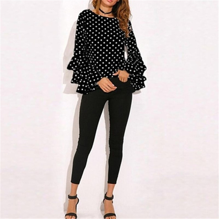 Trendy Polka Dot O-Neck Long Sleeve Casual Top  Blouses & Shirts