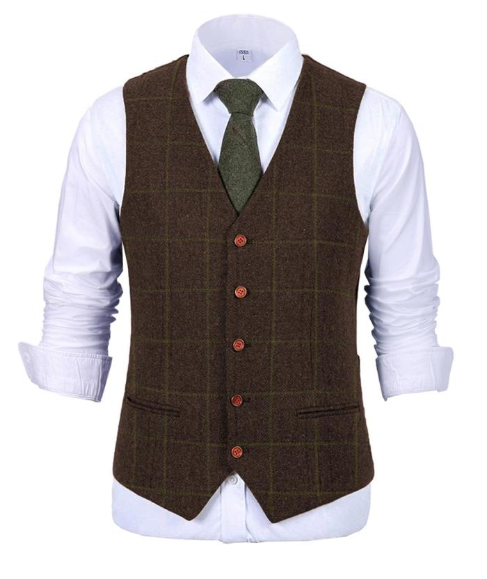 Men's Fashion Vest Plaid Soft Wool Casual Gentleman Twill Business Vest