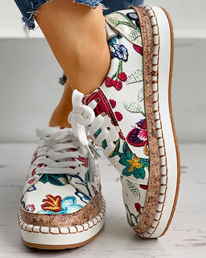 Women's Shoes Elegant Floral Print Lace Up Flat Fashion Round Toe Casual Sneakers