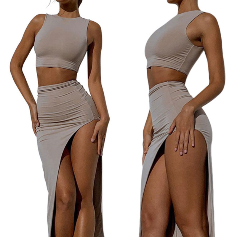 Fashion Solid Color Sexy Round Neck Tank Top High Waist Slit Two-piece Outfits