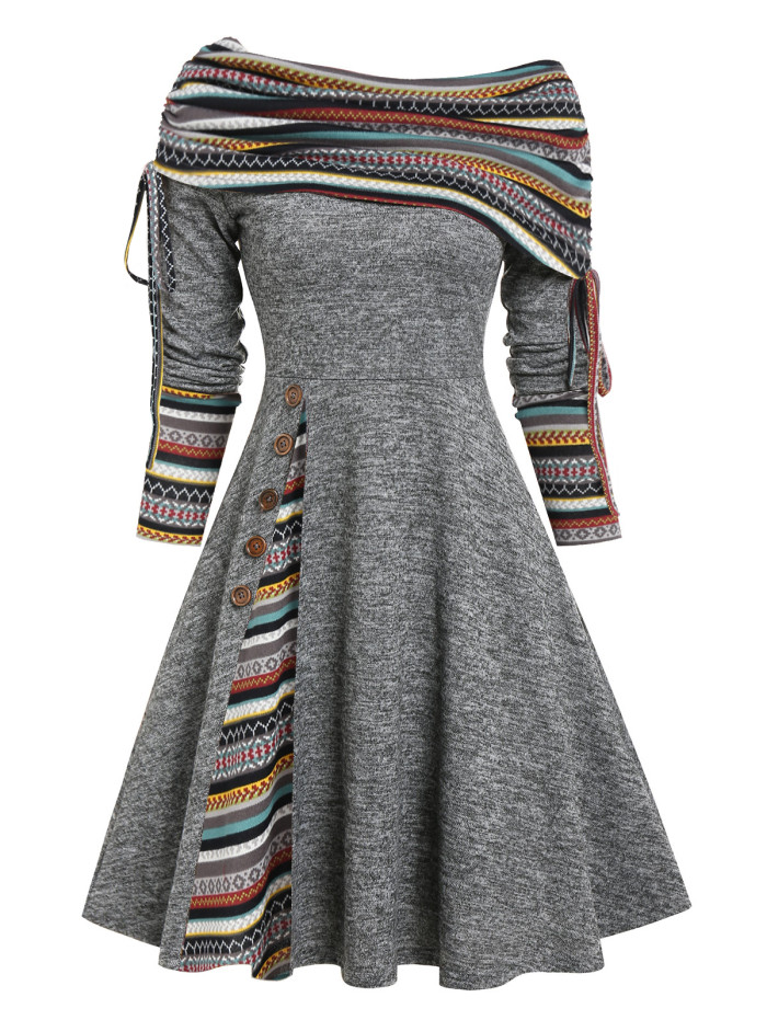 Trendy Striped Flared Folded Off-Shoulder Knit Vintage Dress