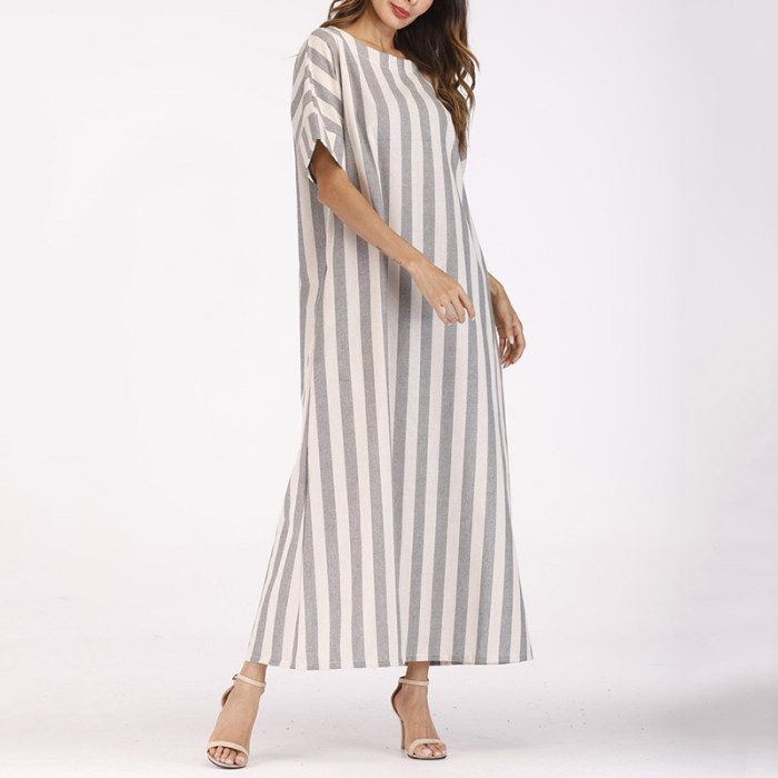 Trendy Bohemian Striped Cotton Linen Casual Loose Maxi Dress