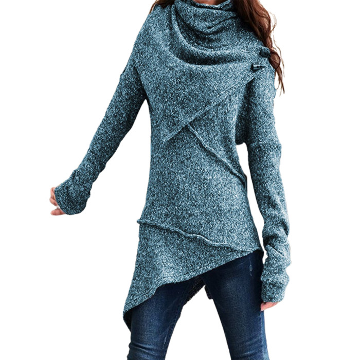 Retro Fashion Turtleneck Irregular Slim Solid Color Knitted Sweater