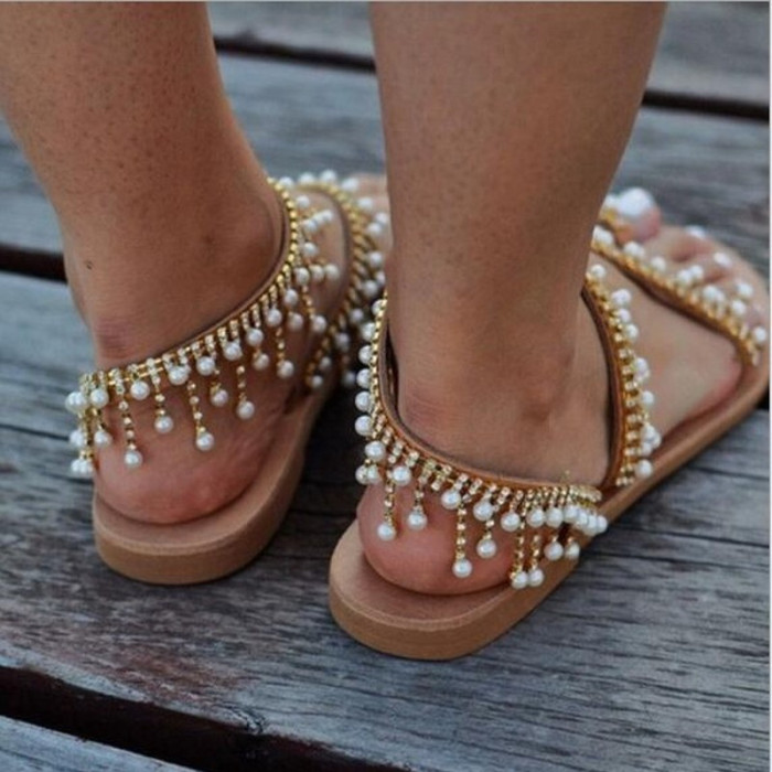 Women's Shoes Flat Pearl Comfort Beaded Casual Sandals