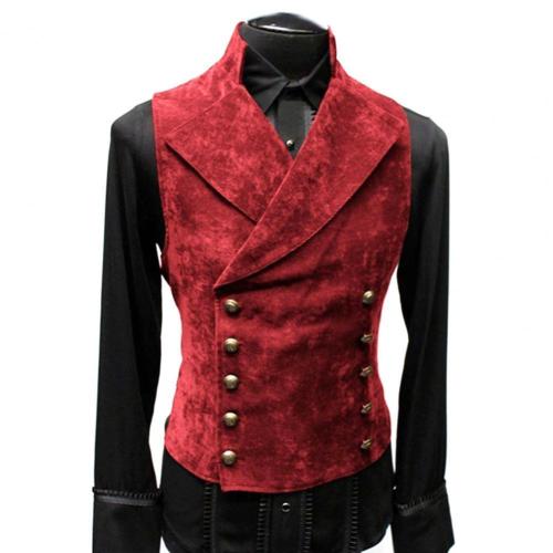 Vintage Red Suede Stand Collar Solid Color Double Breasted Slim Fit Suit Vest