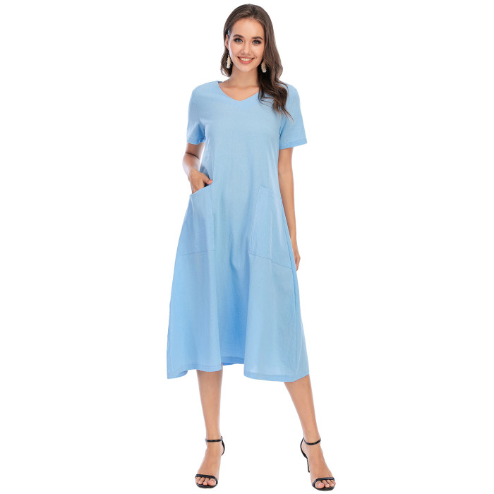 Women's Fashion Shirt Vintage Casual Cotton Asian Tunic V Neck Maxi Dress