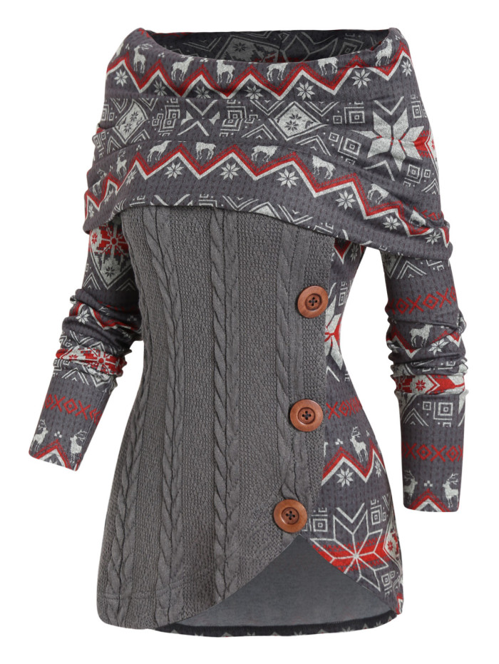 Trendy Cable Knit Elk Snow Print Asymmetric Long Sleeve Sweater
