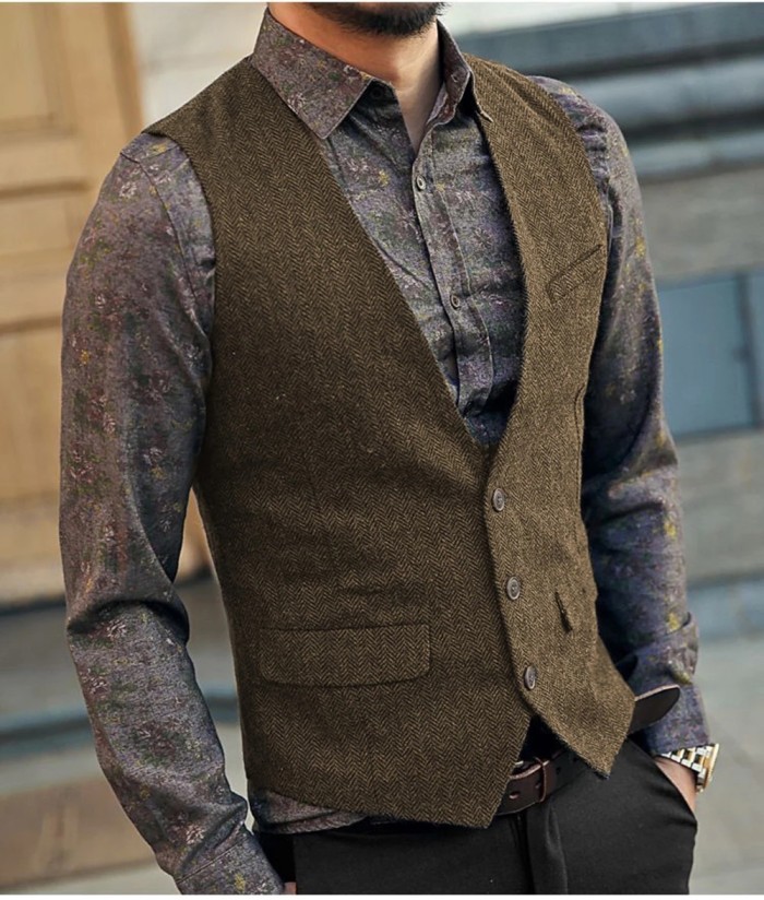 Men's Suit Solid Color Wool Tweed Slim Like Business Groomsmen Wedding Vest