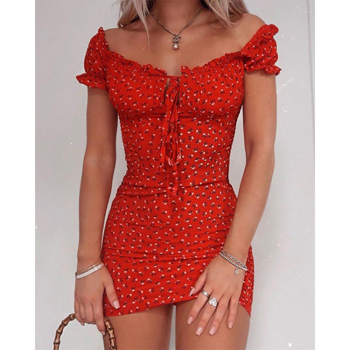 Women's Fashion Floral Off-Shoulder Tie Ruffle Trim Slash Neck Mini Dress