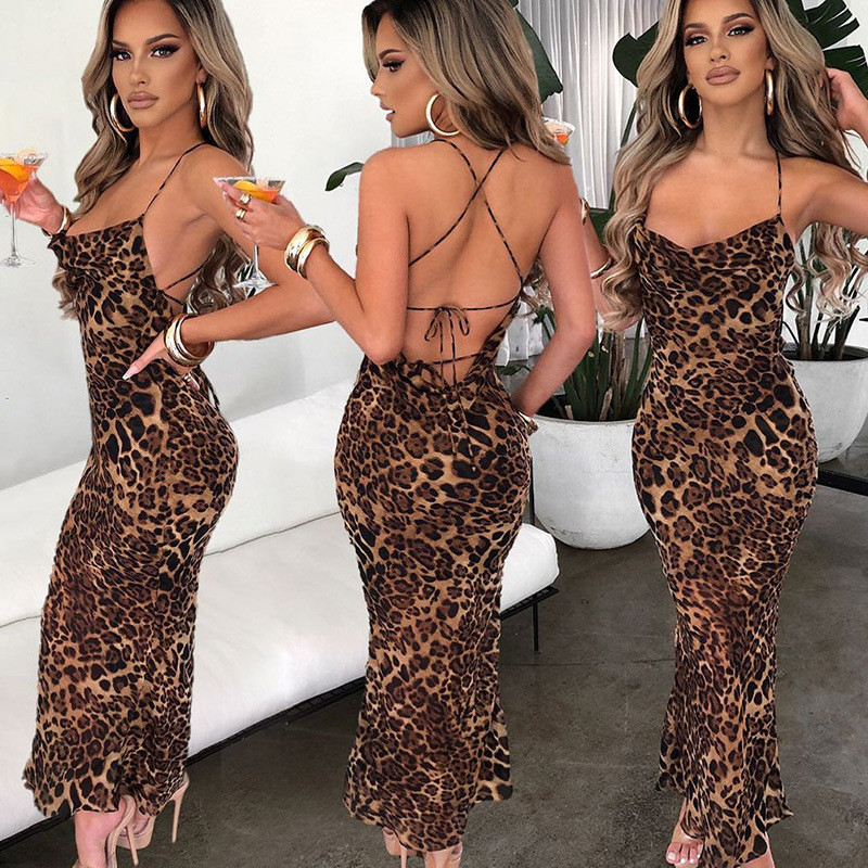 Sexy Suspenders Leopard Print Backless Cross Strap Party Maxi Dress