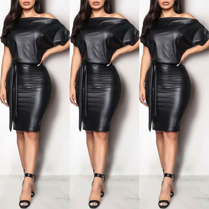 Sexy PU Leather Elegant Formal Off Shoulder Party Zipper  Bodycon Dress