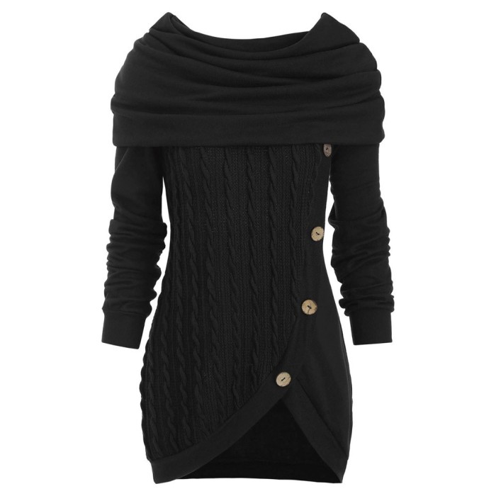 Long Sleeve Hoodie Button Asymmetric Hem Belted Solid Cable Knit Sweater