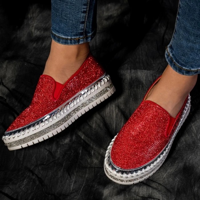 Women's Fashion Rhinestone Shiny Platform Casual Loafers Flats