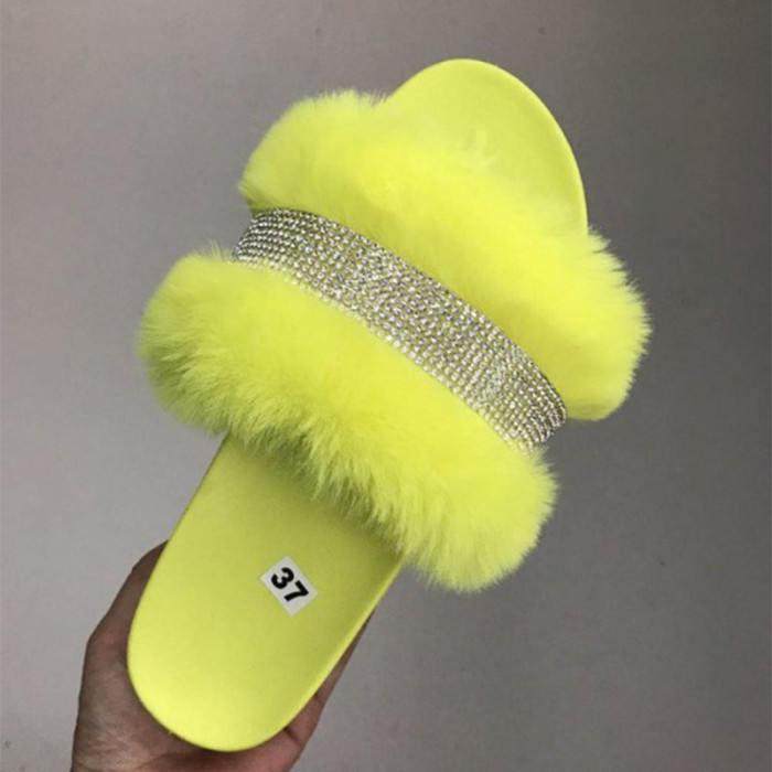 Women's Shoes Fur Rhinestone Thick Sole Solid Color Fluffy Furry Sexy Slippers