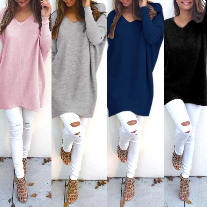 Women's Fashion V Neck Casual Loose Solid Color Knitted Sweater