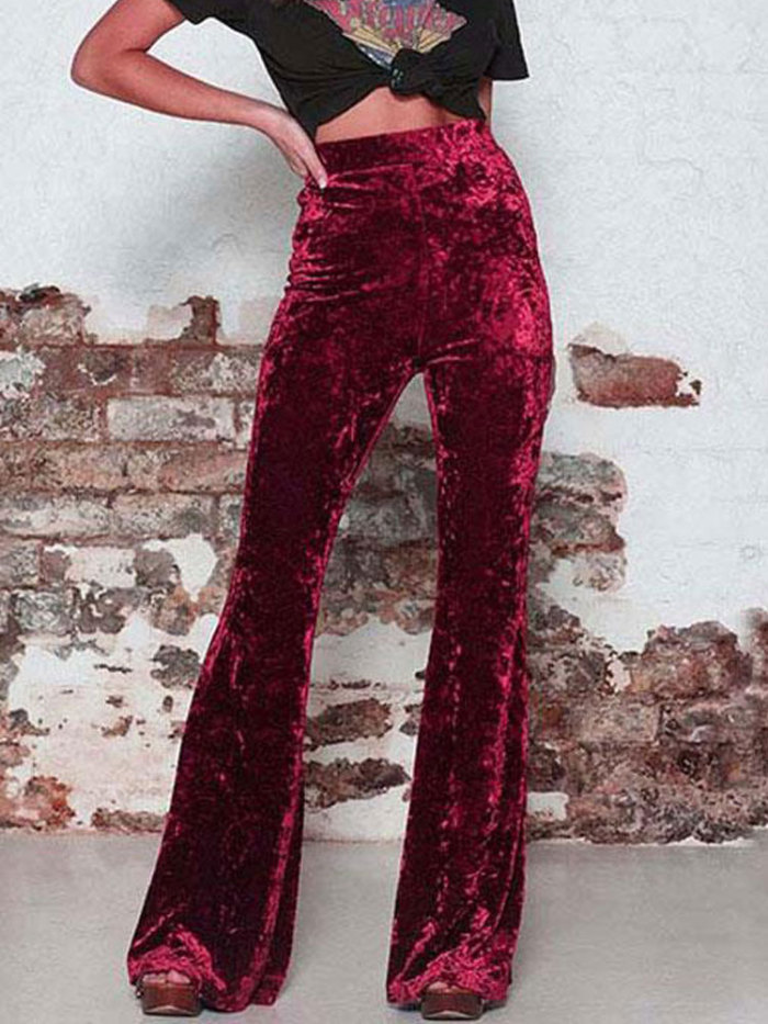 Fashion High Waist Velvet Flared Party Solid Color Wide Leg Pants