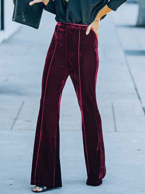 Ladies Fashion Velvet Solid Color Loose High Waist Flared Pants