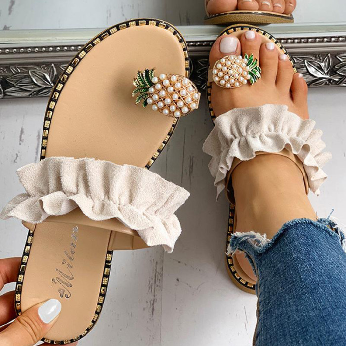 Beach Slippers  Pineapple Flat Slippers Shiny Crystal Sandals