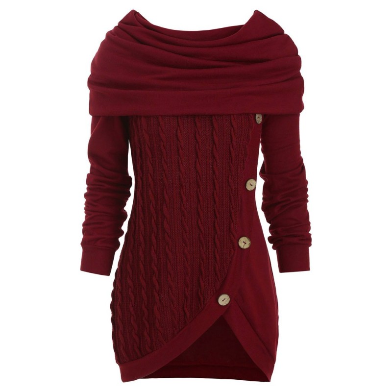 Long Sleeve Hoodie Button Asymmetric Hem Belted Solid Cable Knit Sweater