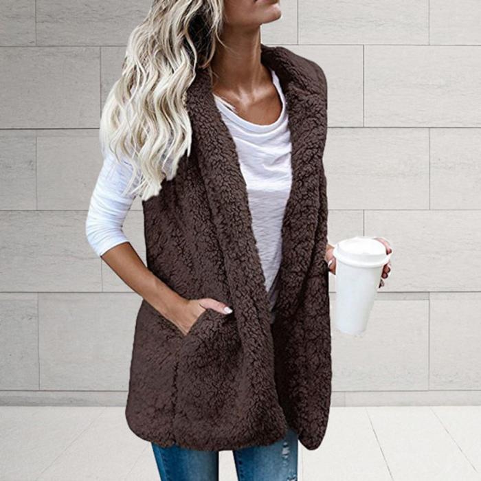 Fashion Fur Pocket Warm Fluffy Elegant Solid Color Coat Vest