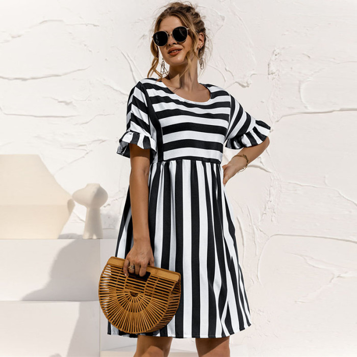 Women's Cute Loose Striped Print Ruffle Elegant A-Line Party Mini Dress