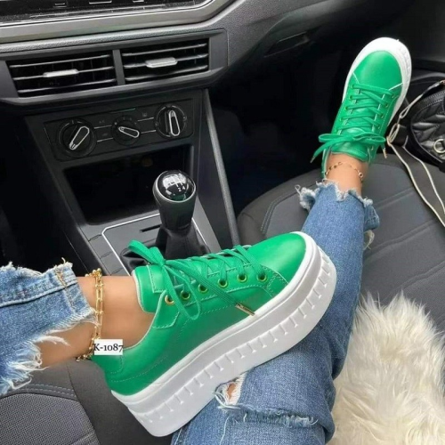 Women's Shoes Solid Color Pu Increased Platform Casual Lace-up Flats Sneakers