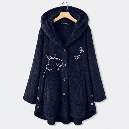 Women's Fashion Print Button Plush Hooded Loose Casual Warm  Coats