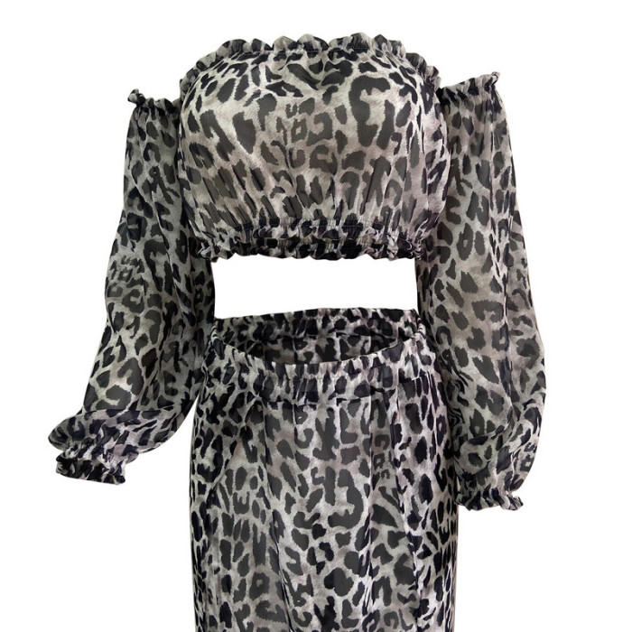 Sexy Vacation Temperament Leopard Print Strapless Puff Sleeves Slit Maxi Dress