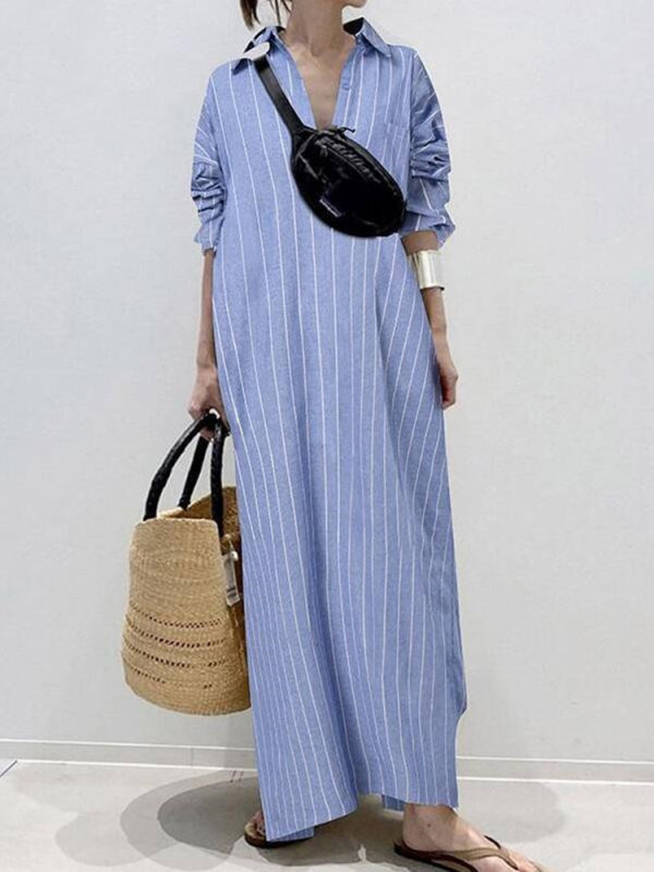 Striped Color Block Lapel Long Sleeve Loose Casual Fashion  Maxi Dress