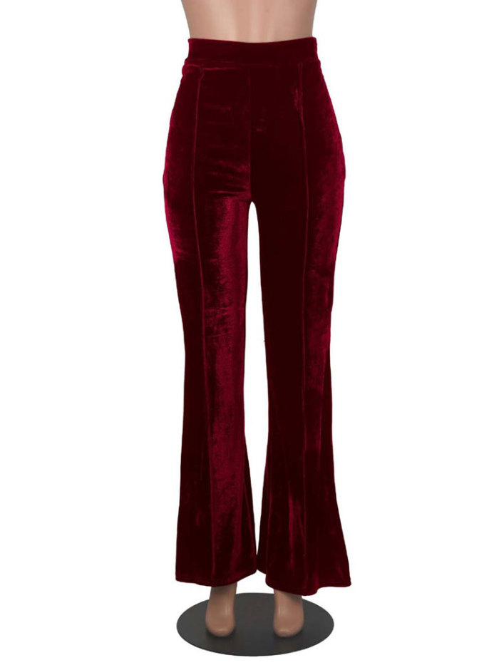 Ladies Fashion Velvet Solid Color Loose High Waist Flared Pants