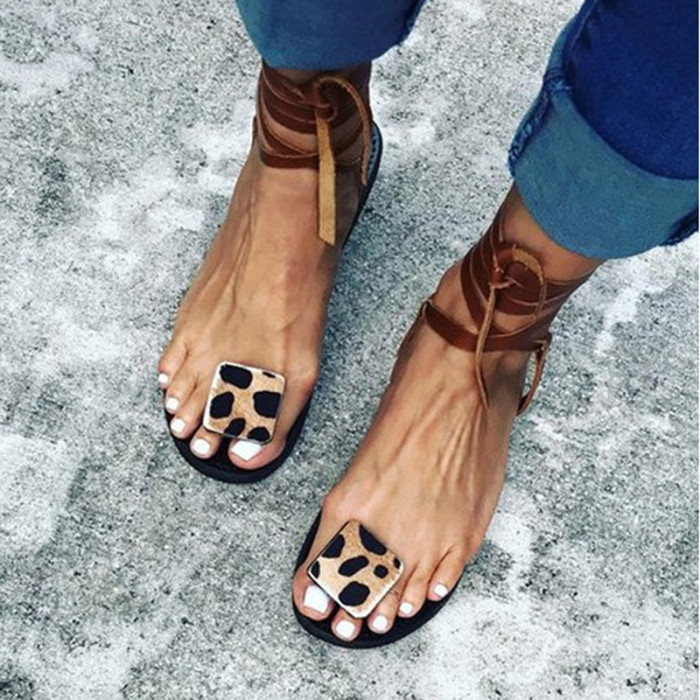 Women's Lace-Up Flat Open Toe Leopard Print Roman  Sandals