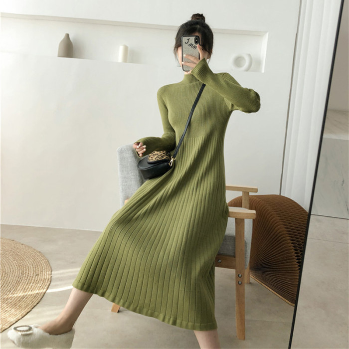 Women's Turtleneck Solid Color A-Line Long Sleeve Mid Knitted Dress