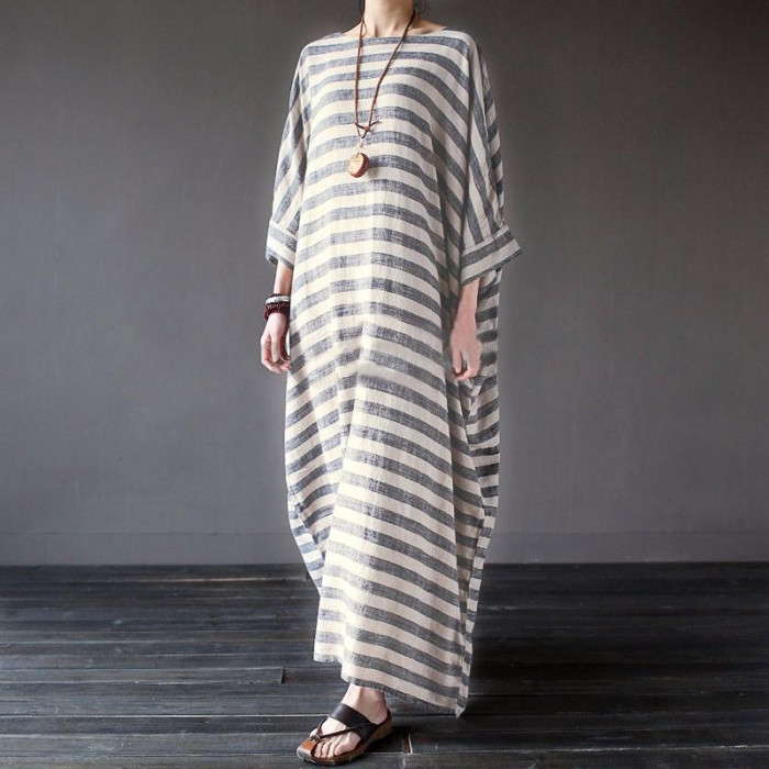 Cotton Linen Stripe Loose Casual Fashion Boho  Maxi Dress