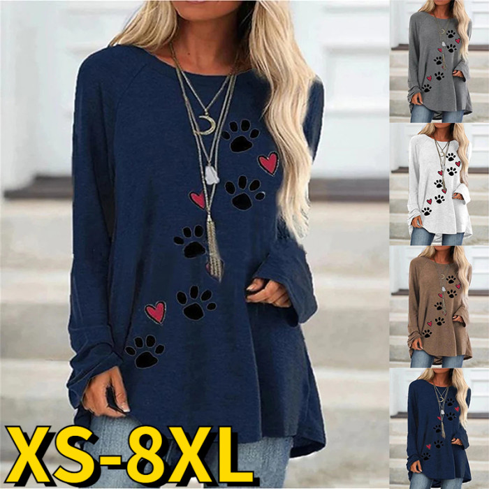 Sexy Loose Long Sleeve Round Neck Vintage Print Fashion T-Shirt