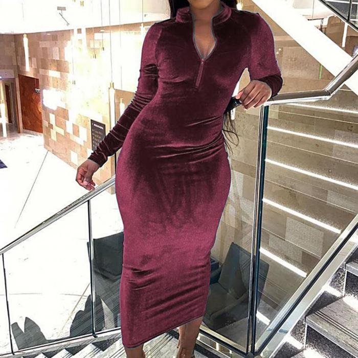 Fashion Solid Color Zipper Long Sleeves Party Elegant Bodycon Dress