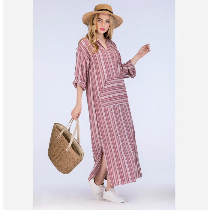 Trendy Cotton Linen Stripe Oversized Boho  Maxi Dress