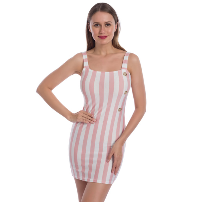 Vintage Vertical Stripe Button Strap Sexy Elegant Sleeveless  Mini Dress