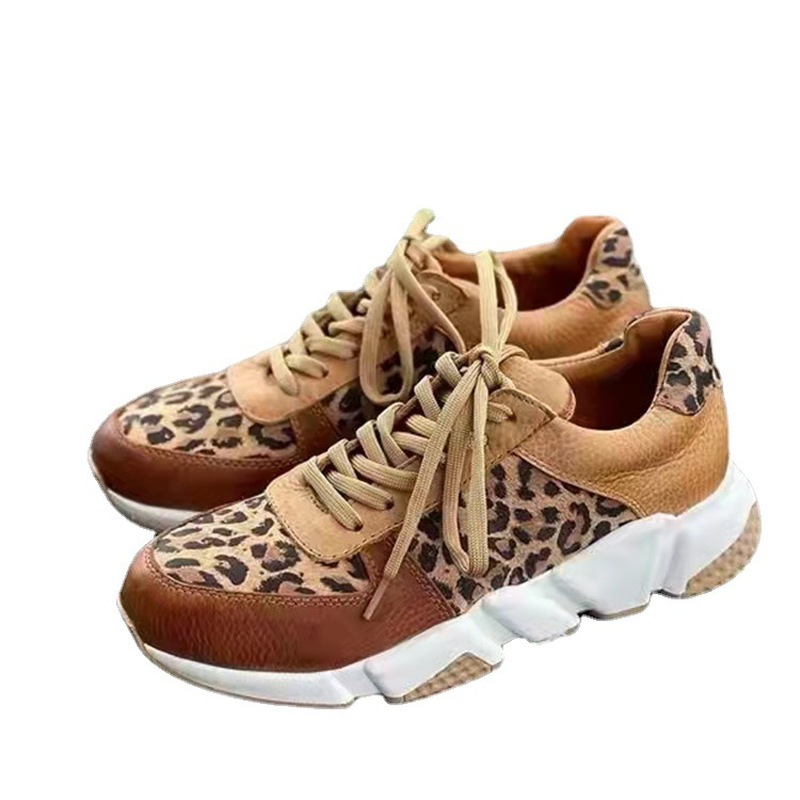 Oversized Platform Round Toe Low-Top Leopard-Panel Lace-Up Sneakers