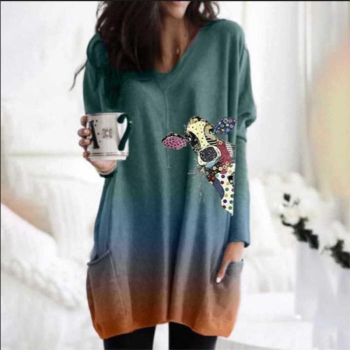 Fashion  Women's Tops  Print Pattern Loose Hooded Sweatshirt