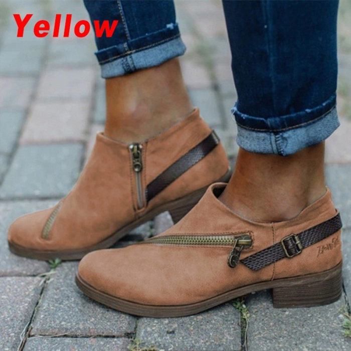 Women's Shoes Fashion Casual Retro Round Toe Low Heel Zipper Chunky Ankle Boots