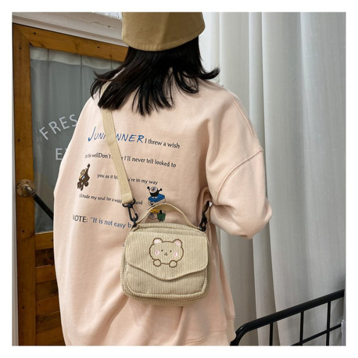 Women's Canvas Zip Up College Shoulder Crossbody Corduroy Tote Bag