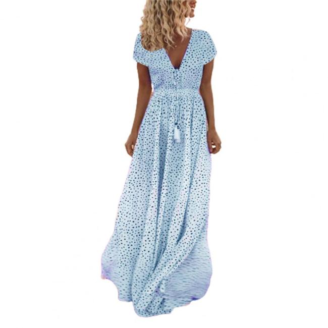 Trendy Elegant V Neck Bohemian Polka Dot Print Party Fringe  Maxi Dress