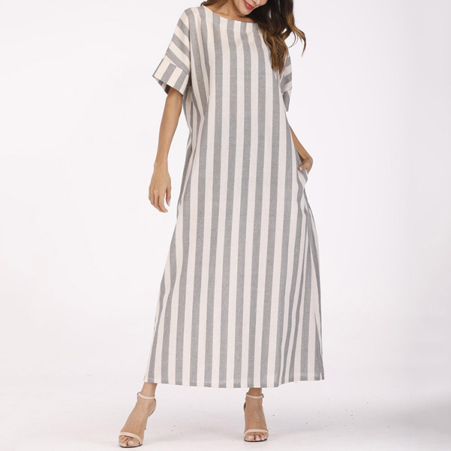 Trendy Bohemian Striped Cotton Linen Casual Loose Maxi Dress