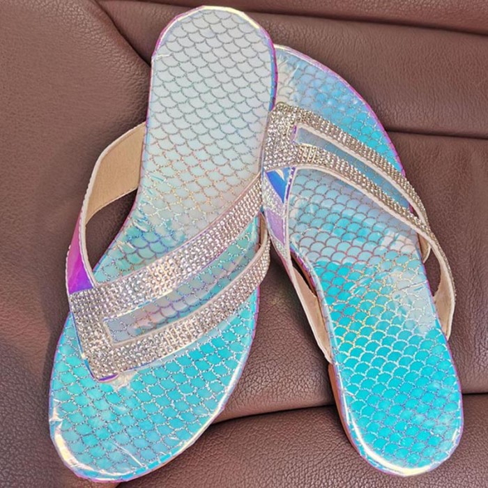 Fashion Rhinestone Large Size Shallow Cut Flat Solid Color Fish Toe Sandals