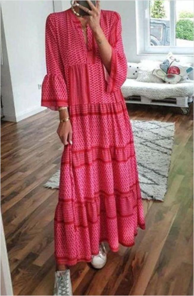 Fashion Casual Loose Ruffle Long Sleeve V Neck Striped Print Bohemian Maxi Dress