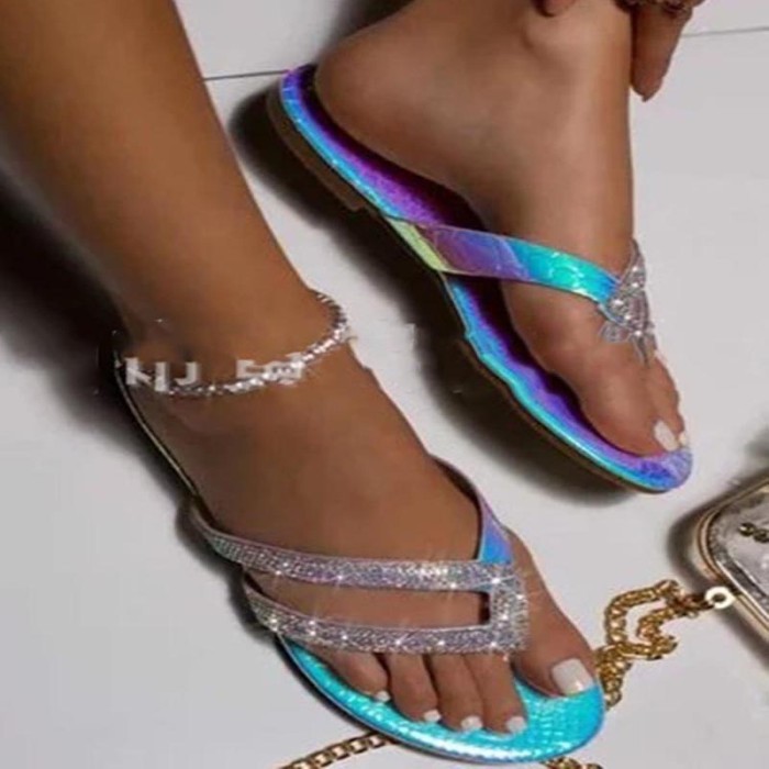 Fashion Rhinestone Large Size Shallow Cut Flat Solid Color Fish Toe Sandals