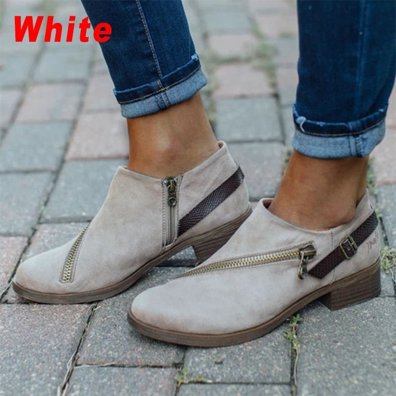 Women's Shoes Fashion Casual Retro Round Toe Low Heel Zipper Chunky Ankle Boots