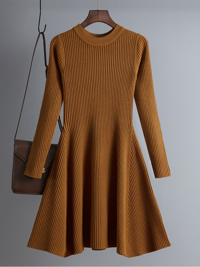 Fashion Solid Color A-Line Elegant Slim Knit Mini  Sweater Dress