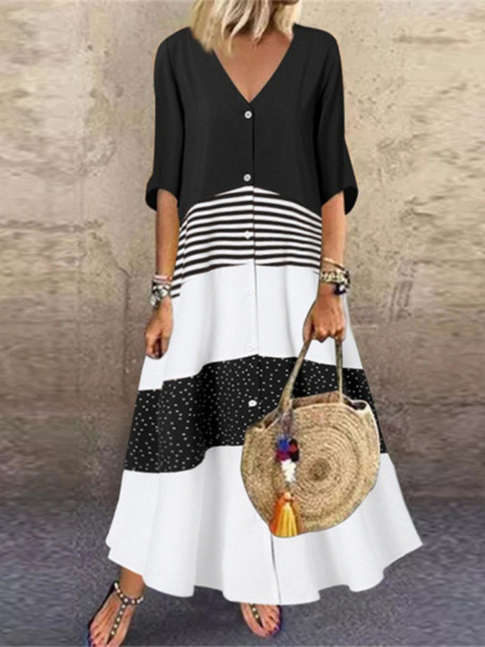 Fashion Loose V Neck Printed Striped Button Casual  Maxi Dress